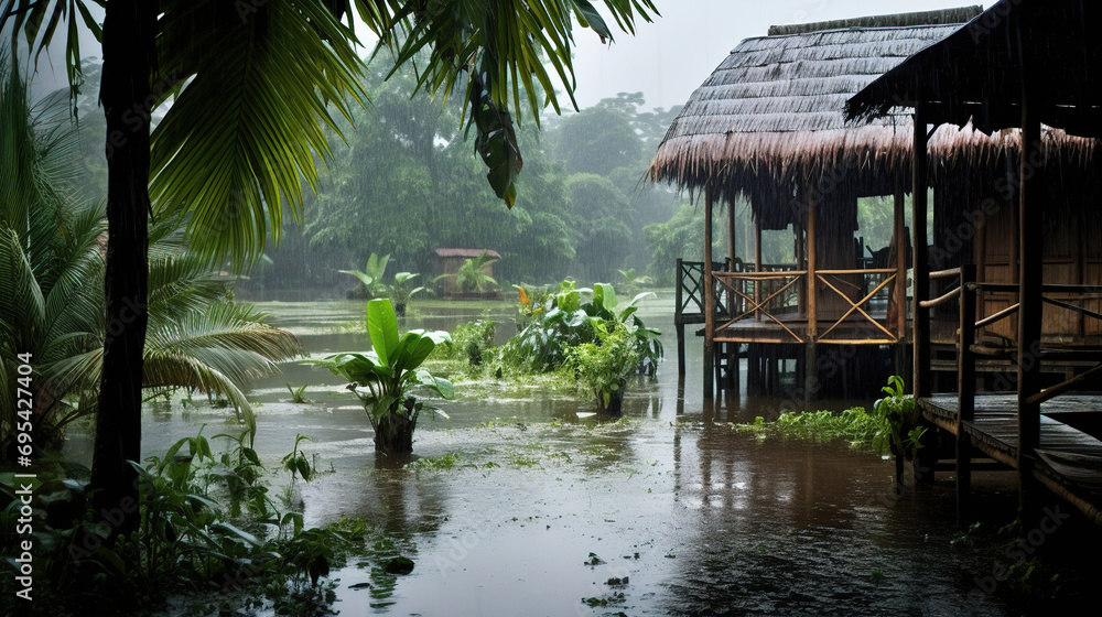 rainy day in a forest village. Generative Ai rainy day in a forest village. Generative Ai
