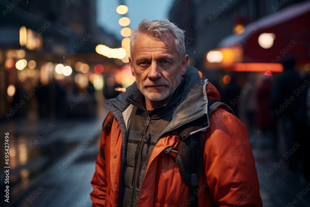 Portrait of a content man in his 60s dressed in a water-resistant gilet against a bustling city street background. AI Generation