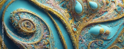 a close up of a blue and gold wall