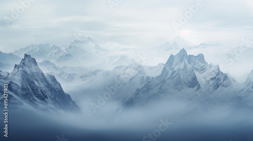  a mountainous expanse enveloped in a snowfall during a foggy morning. The fog should gently veil parts of the landscape, imparting a sense of mystery and depth. The snowflakes should be depicted fall photo