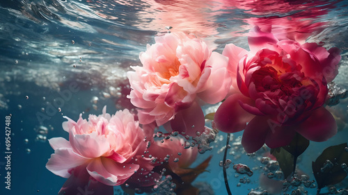  Peony and rose flowers swimming underwater and with a pink colored light, in the style of psychedelic portraiture