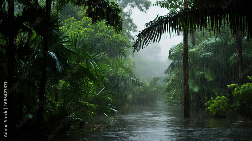 rainy day in a forest village. Generative Ai rainy day in a forest village. Generative Ai