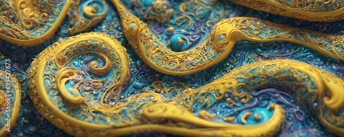 a close up of a yellow and blue fabric