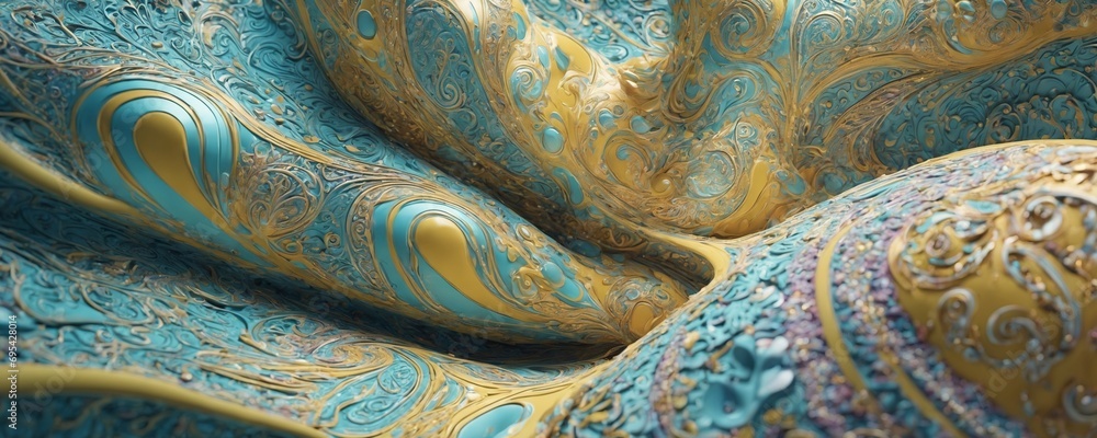 a close up of a blue and gold fabric