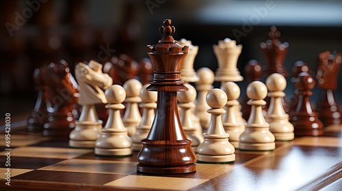 Chess pieces standing on a chessboard. Strategy of playing and winning, abstract, Generative AI