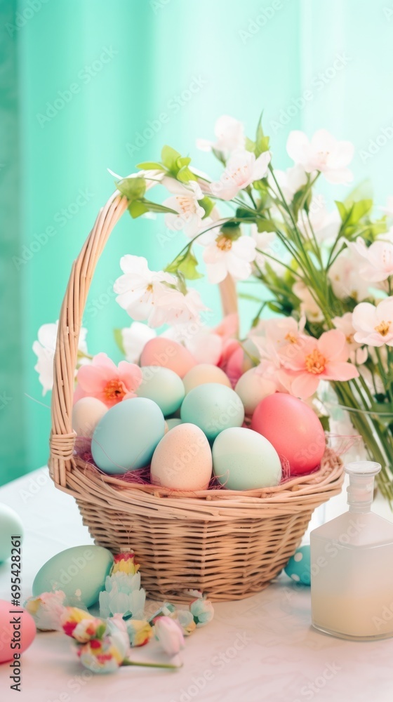 Easter holiday background. On the table there is an Easter basket with colorful eggs and beautiful spring flowers