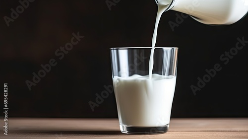 White milk being poured into a glass transparent beaker on dark background. The concept of healthy and natural products. Generative AI