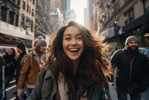 Cheerful girl on the street of New York © Luminophoria