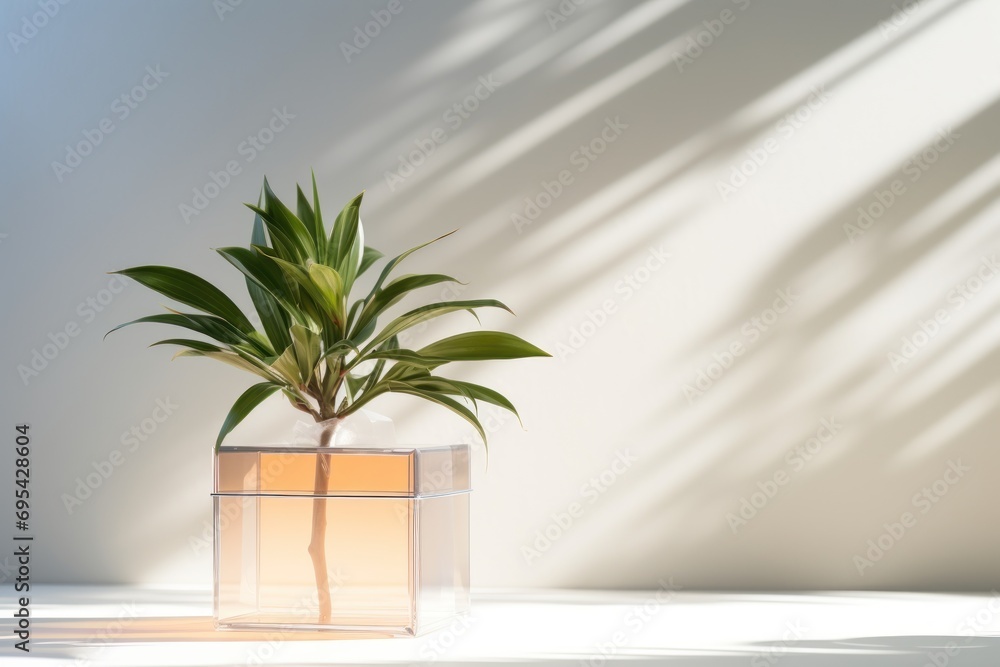 a plant in a clear glass vase with a shadow on the wall behind it and a light shining on the wall behind it and a shadow cast on the wall. a plant in a clear glass vase with a shadow on the wall behind it and a light shining on the wall behind it and a shadow cast on the wall.