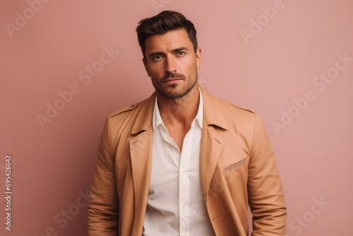 Portrait of a satisfied man in his 30s sporting a stylish leather blazer against a pastel or soft colors background. AI Generation