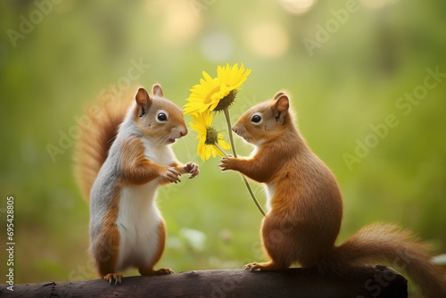 Cute squirrel offering a flower gift to its lover, fun wildlife, love and Valentine's day greeting card #695428805