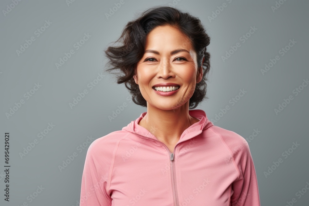 Portrait of a happy asian woman in her 40s sporting a breathable hiking shirt against a pastel or soft colors background. AI Generation Portrait of a happy asian woman in her 40s sporting a breathable hiking shirt against a pastel or soft colors background. AI Generation