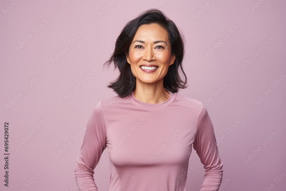 Portrait of a happy asian woman in her 40s sporting a breathable hiking shirt against a pastel or soft colors background. AI Generation Portrait of a happy asian woman in her 40s sporting a breathable hiking shirt against a pastel or soft colors background. AI Generation