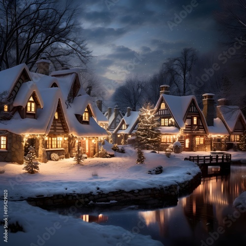Beautiful winter landscape with wooden houses in the forest at night.