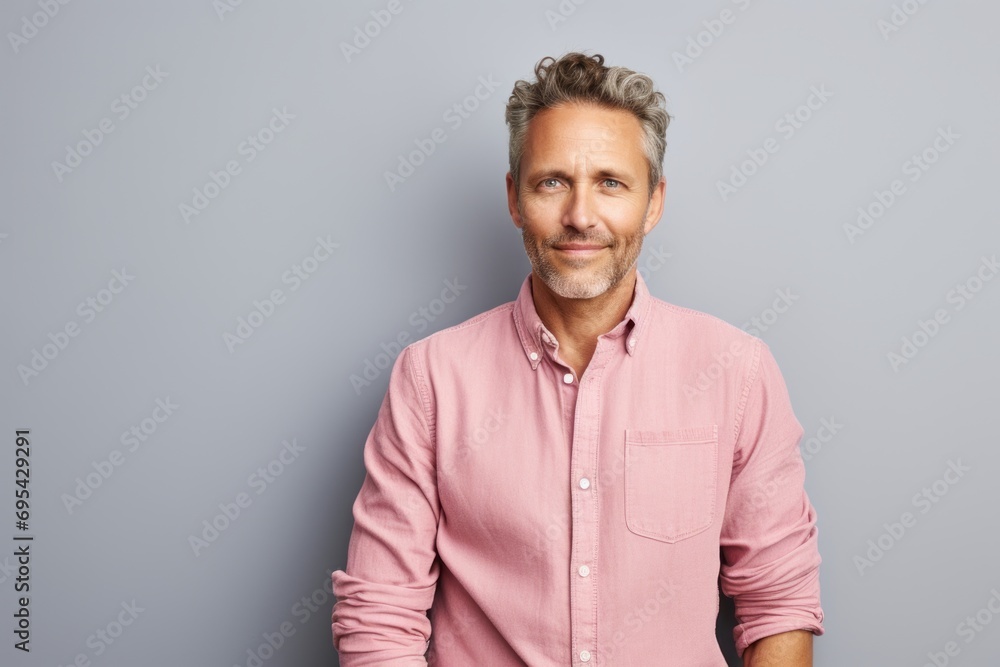 Obraz premium Portrait of a content man in his 40s wearing a comfy flannel shirt against a pastel or soft colors background. AI Generation