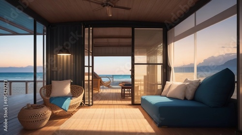 interior of a hotel, Night Scenes Illuminating the HD Beach Container Home