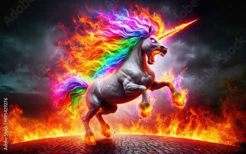 Angry unicorn. White unicorn with a pink and white mane and tail emits a rainbow © Ruslan Gilmanshin