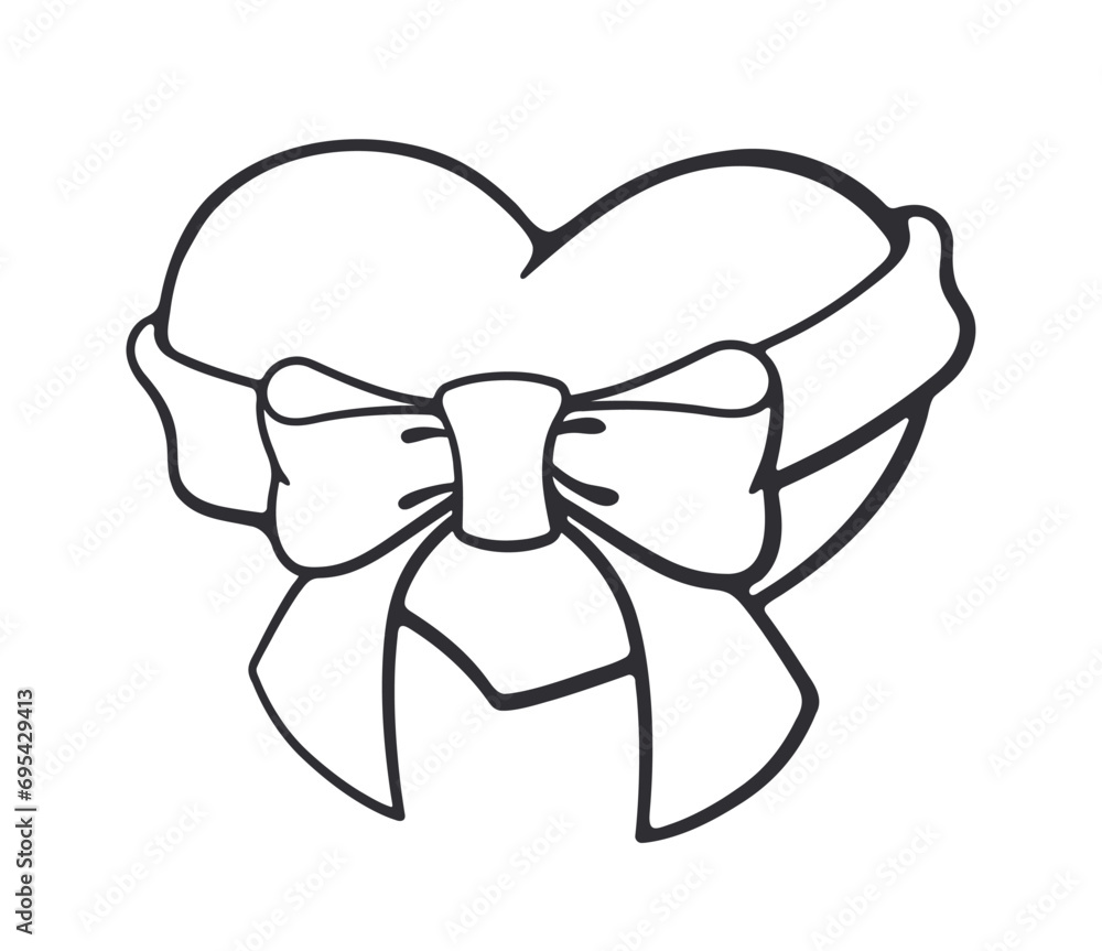 Heart with ribbon and bow-knot. Vector illustration. Hand drawn Doodle. Design element Isolated on white background. Simple outline drawing in sketch style Heart with ribbon and bow-knot. Vector illustration. Hand drawn Doodle. Design element Isolated on white background. Simple outline drawing in sketch style