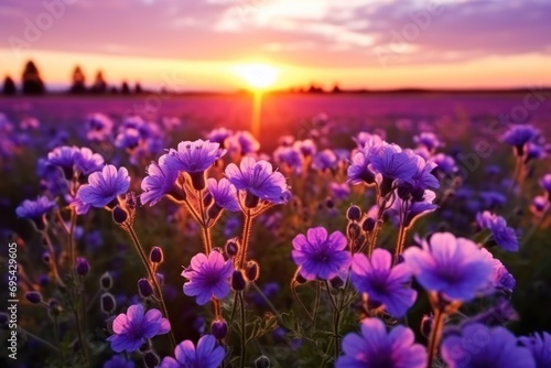  a field full of purple flowers with the sun setting in the distance in the distance in the distance is a field of grass with purple flowers in the foreground.