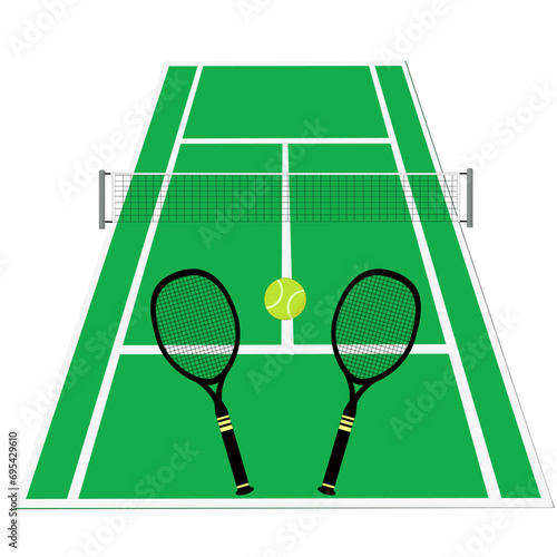 Terrain de tennis vert avec raquettes et balle