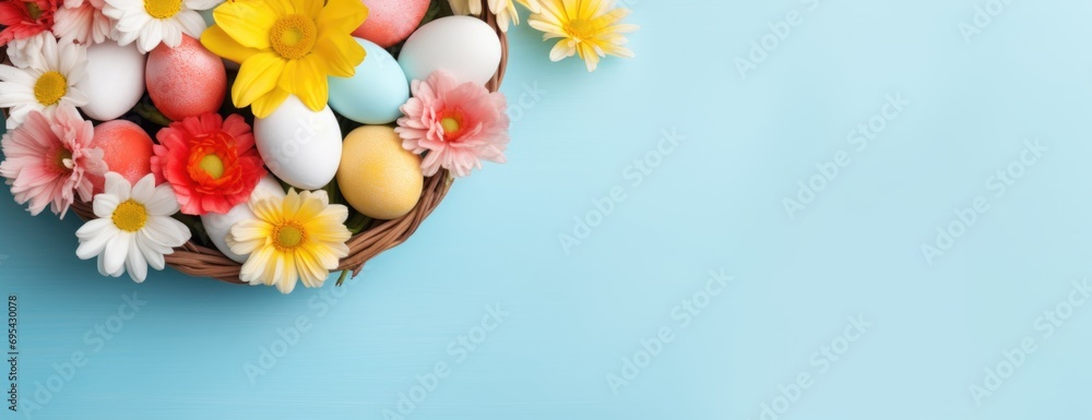 Easter holiday background flat top view. On the table there is an Easter basket with colorful eggs and beautiful spring flowers Easter holiday background flat top view. On the table there is an Easter basket with colorful eggs and beautiful spring flowers
