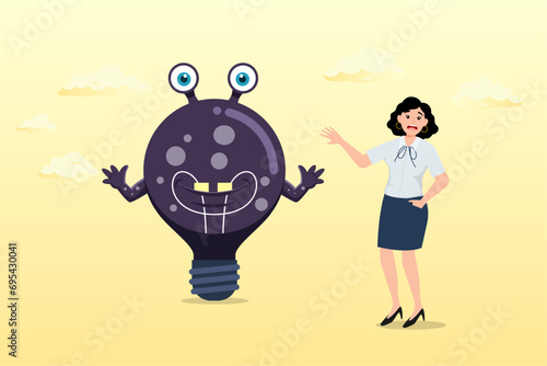 Confused businesswoman looking at devil lightbulb doubting it bad idea, bad idea cause problem, stupid mistake or poor idea, disappointment from rejected, evil and negative opinion (Vector)