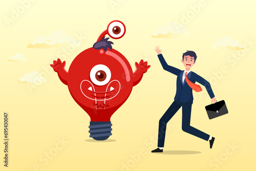 Confused businessman looking at devil lightbulb doubting it bad idea, bad idea cause problem and failure, stupid mistake or poor idea, disappointment from rejected, evil and negative opinion (Vector)