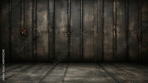 Old grunge dark room with a metal door and wooden floor. 3d render