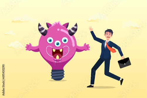 Confused businessman looking at devil lightbulb doubting it bad idea, bad idea cause problem and failure, stupid mistake or poor idea, disappointment from rejected, evil and negative opinion (Vector)