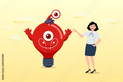 Confused businesswoman looking at devil lightbulb doubting it bad idea, bad idea cause problem, stupid mistake or poor idea, disappointment from rejected, evil and negative opinion (Vector)