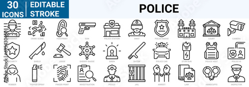 Police line web icons, court, weapon,cop and arrest.  Editable stroke.