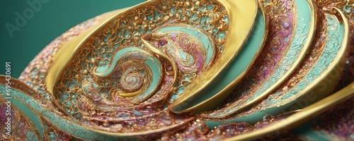a close up of a gold and turquoise colored sculpture