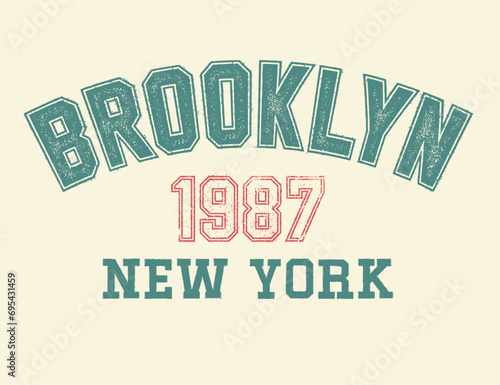 New York city college style print for t-shirt with shield and wreath. Typography graphics for New York college or university tee shirt design. Vintage sport apparel print with grunge. Vector.