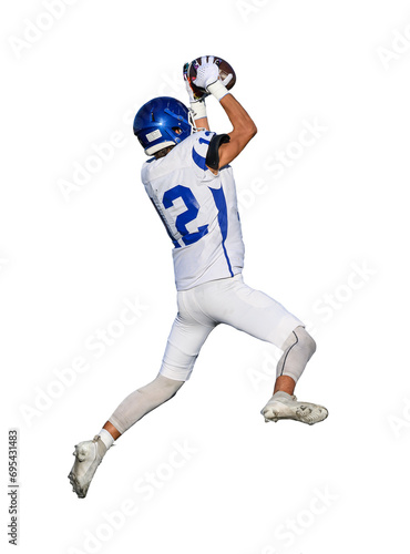 Athletic young football players making amazing plays running with, catching, kicking and throwing the ball during competitive games