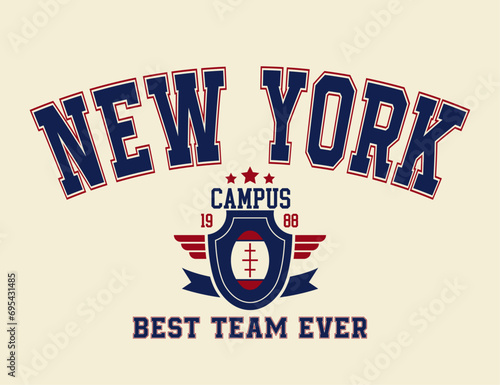 New York city college style print for t-shirt with shield and wreath. Typography graphics for New York college or university tee shirt design. Vintage sport apparel print with grunge. Vector.