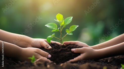 Children hold young tree ready to grow in fertile soil, prepare for plant and reduce global warming, Save world environment , save life, Plant a tree world environment day, sustainable , volunteer