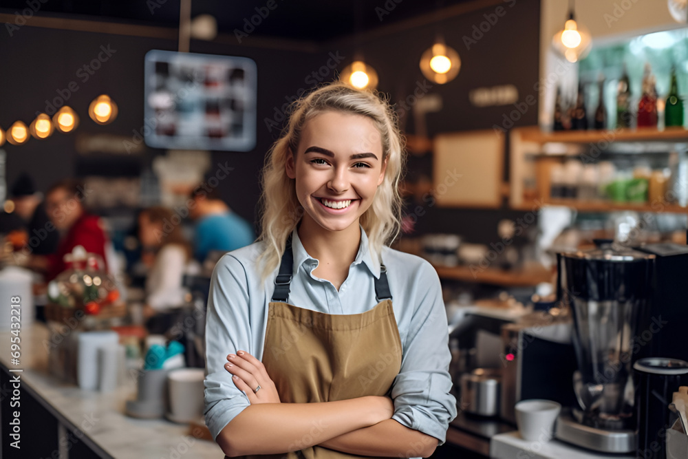 Smiling Female barista making coffee in coffee shop counter. Takeaway food. Smiling Female barista making coffee in coffee shop counter. Takeaway food.
