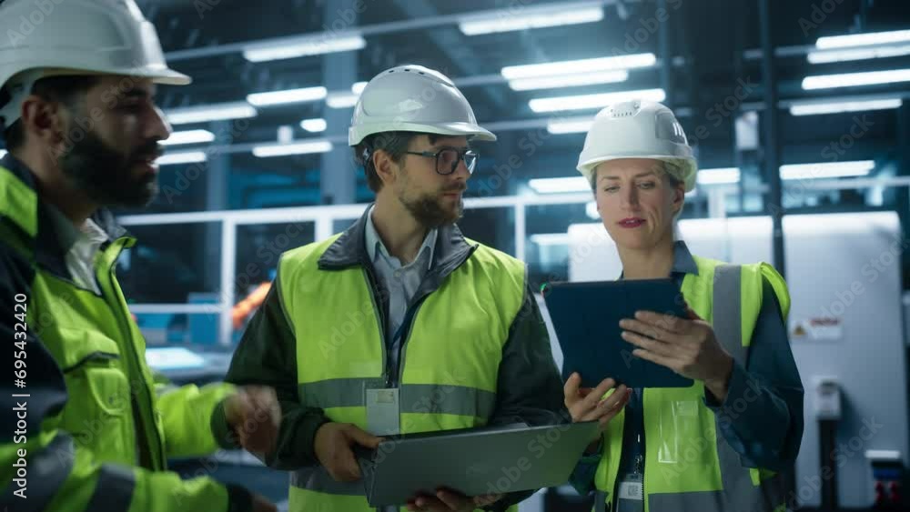 Meeting Of Diverse Engineers In Autonomous Factory Hall: Male And Female Technicians Using Tablet, Laptop And Discussing Industrial Machinery Production On Automated Assembly Line With Robotic Arms. Meeting Of Diverse Engineers In Autonomous Factory Hall: Male And Female Technicians Using Tablet, Laptop And Discussing Industrial Machinery Production On Automated Assembly Line With Robotic Arms.