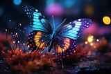  a blue and yellow butterfly sitting on top of a field of grass with a blurry background of boke of lights in the back ground and blurry lights in the background.