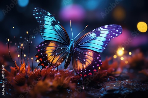  a blue and yellow butterfly sitting on top of a field of grass with a blurry background of boke of lights in the back ground and blurry lights in the background. © Nadia