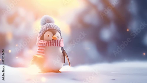Cute baby Penguin in beautiful magical winter snow landscape. Celebrating Christmas wearing winter hat, New Years sparkling snow fall. Magic nature wildlife photo