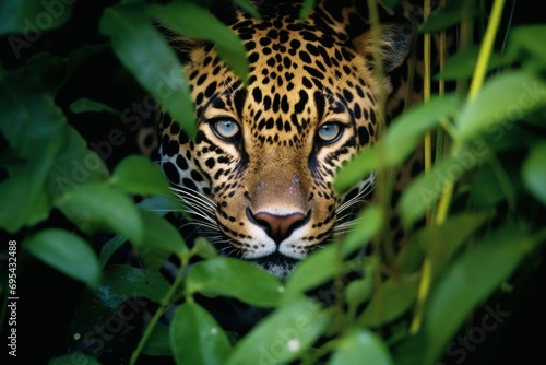  a close - up of a leopard's face peeking out through the leaves of a tree, with a black back ground and green foliage in the foreground. © Nadia