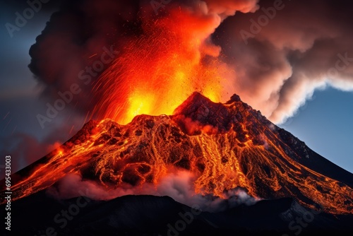  a volcano erupts lava and steam as it erupts into the air in a blue sky above a large plume of smoke and steam rising from the top of the volcano.
