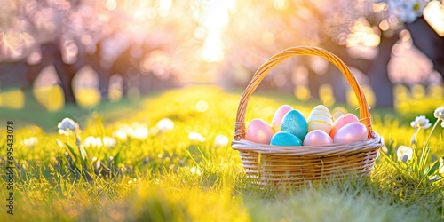 Korb mit Ostereiern in einer schönen Frühlingslandschaft 