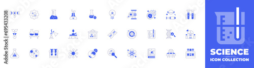 Science icon collection. Duotone style line stroke and bold. Vector illustration. Containing chemistry, presentation, moon, robot, dna, microorganism, search, biology, flask, asteroid, mars, beaker.