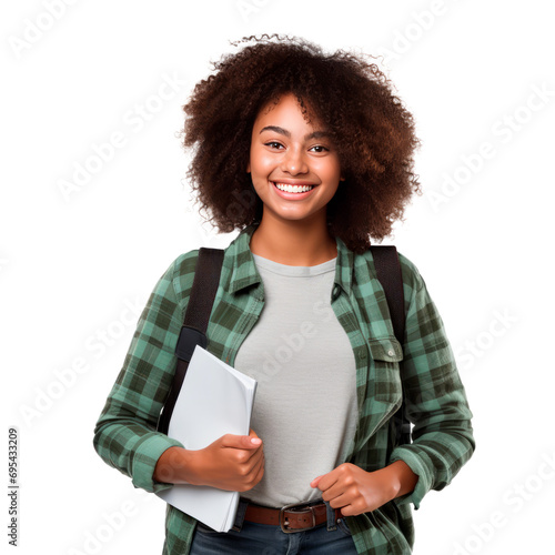 American black female student smiling. Portrait. isolated on transparent background. AI generated. PNG photo