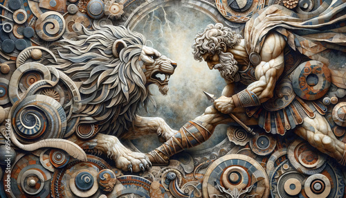 Hercules facing the Nemean Lion, depicted in a mixed media art style using paper and fabric with a variety of textures and patterns. photo