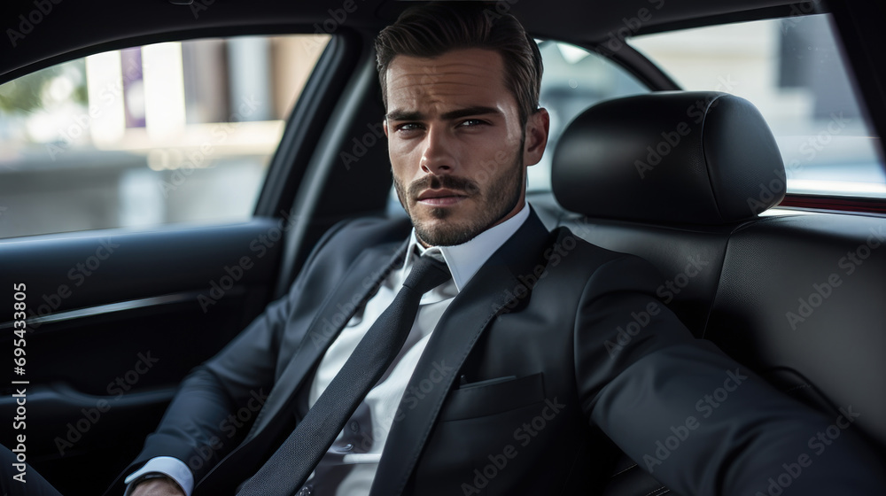 Successful businessman in a expensive suit sitting in the back seat of a luxury car