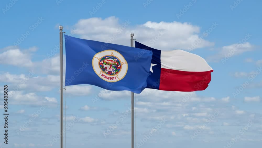 Texas and Minnesota US state flags waving together on cloudy sky, endless seamless loop Texas and Minnesota US state flags waving together on cloudy sky, endless seamless loop