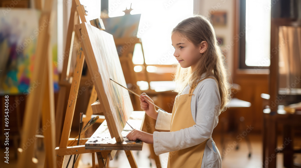 little beautiful girl draws on an easel in an art studio, drawing school, child, childhood, creativity, kid, smiling face, portrait, brush, paints, still life, picture, interior, student, master class little beautiful girl draws on an easel in an art studio, drawing school, child, childhood, creativity, kid, smiling face, portrait, brush, paints, still life, picture, interior, student, master class
